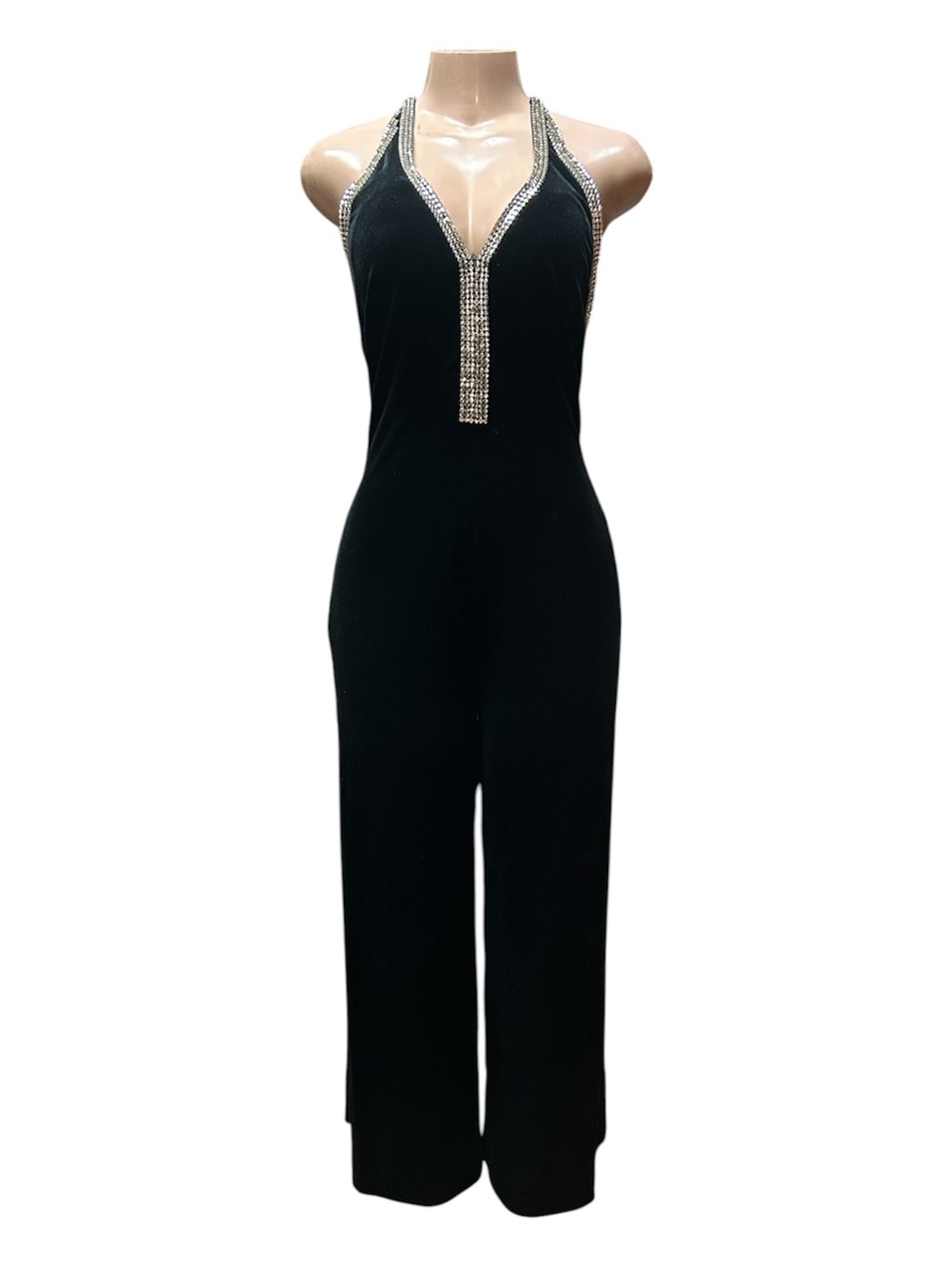 Cache Black Halter Jumpsuit with Crystal Trim